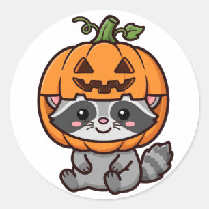 Cute Racoon Pumpkin Hat Halloween Classic Round Sticker