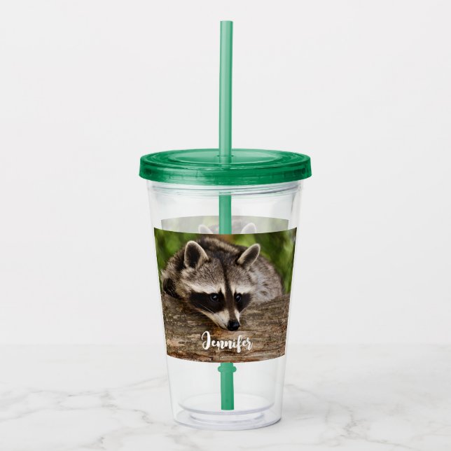 Cute Racoon Resting on a Log Acrylic Tumbler (Front)