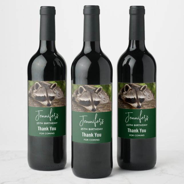 Cute Racoon Resting on a Log Birthday Wine Label (Bottles)
