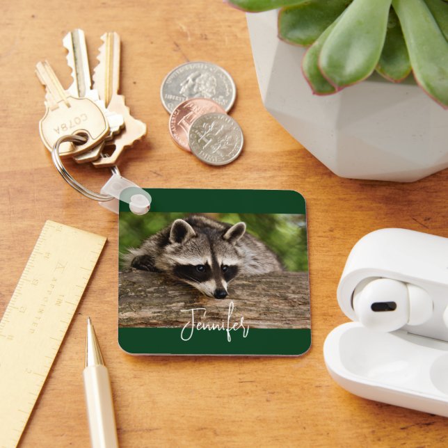 Cute Racoon Resting on a Log Key Ring (Desk)