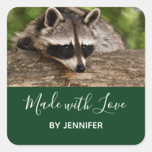 Cute Racoon Resting on a Log, Made with Love Square Sticker