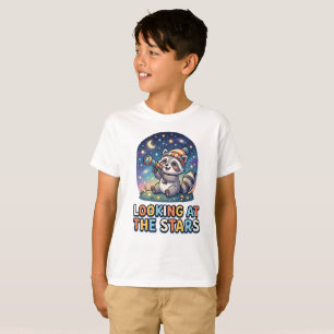 Cute Racoon Stargazer Cartoon Design T-Shirt