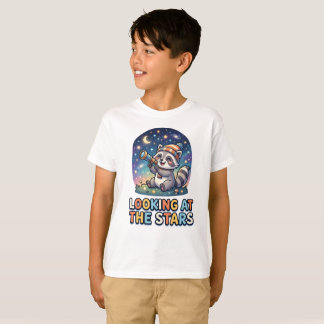 Cute Racoon Stargazer Cartoon Design T-Shirt