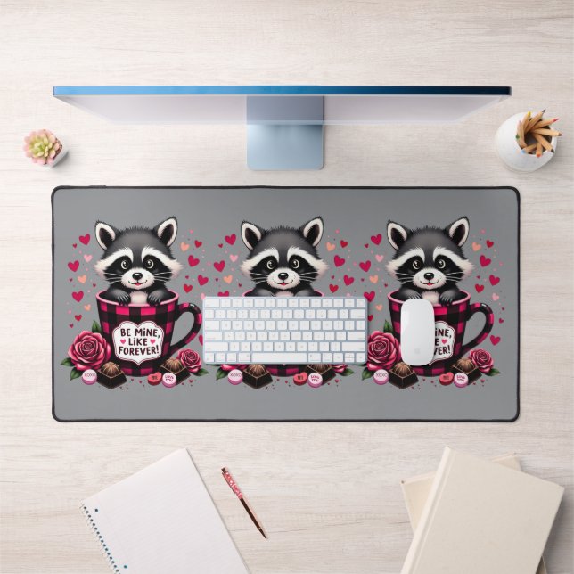 Cute Racoon Valentine Buffalo Plaid Aesthetic Desk Mat (Office 1)