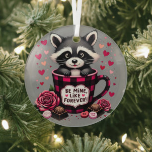 Cute Racoon Valentine Buffalo Plaid Aesthetic Glass Tree Decoration