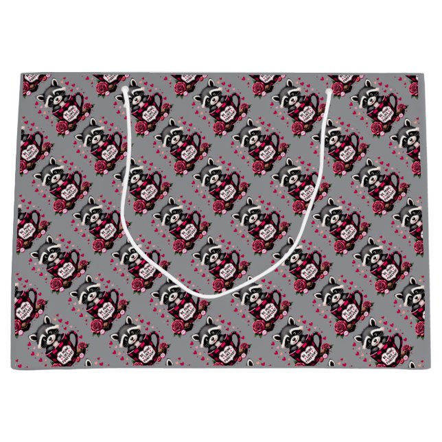 Cute Racoon Valentine Buffalo Plaid Aesthetic Large Gift Bag (Front)