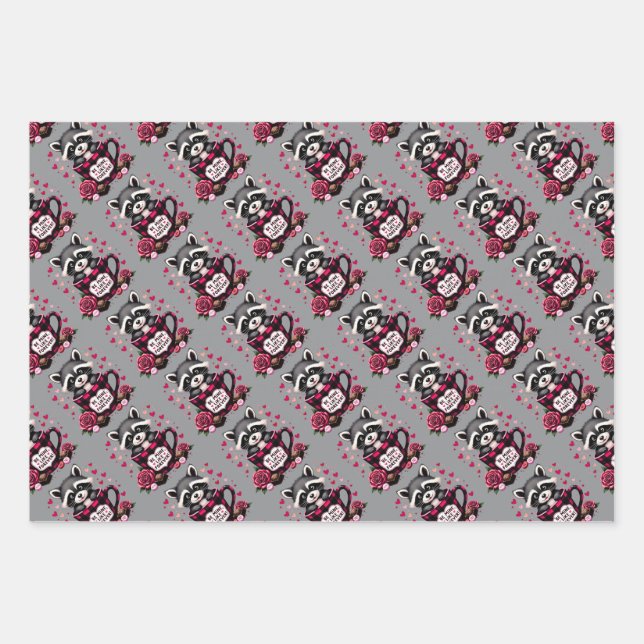Cute Racoon Valentine Buffalo Plaid Aesthetic Wrapping Paper Sheet (Front)