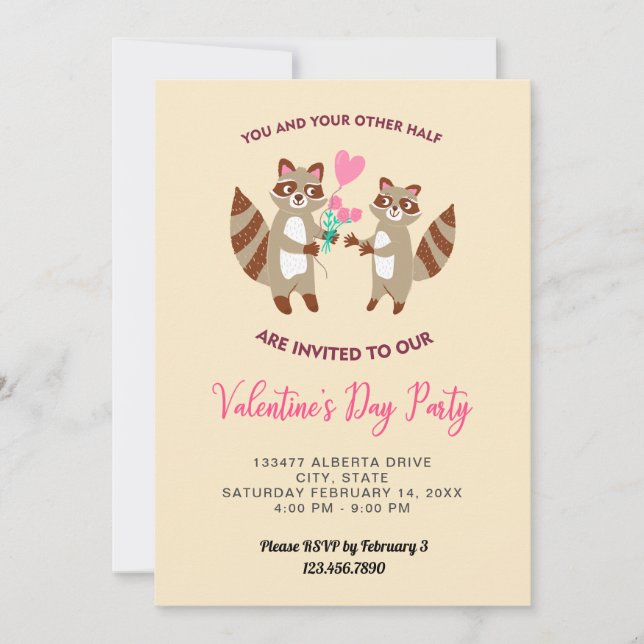 cute racoon valentine's day party dinner hearts invitation (Front)