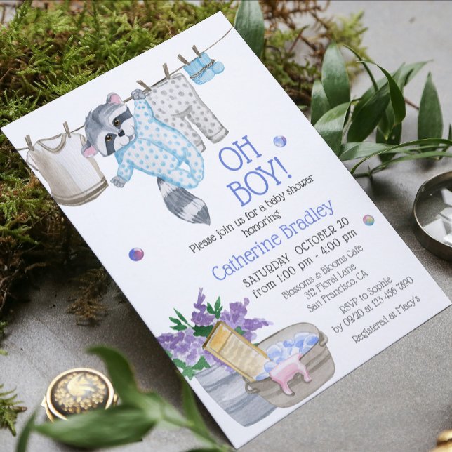 Cute Racoon Wash Day Boy Watercolor Baby Shower Invitation (Creator Uploaded)