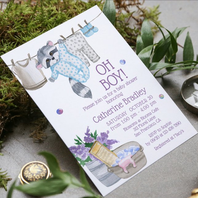 Cute Racoon Wash Day Boy Watercolor Baby Shower Invitation (Creator Uploaded)