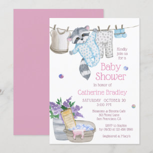 Cute Racoon Wash Day Watercolor Baby Shower Invitation