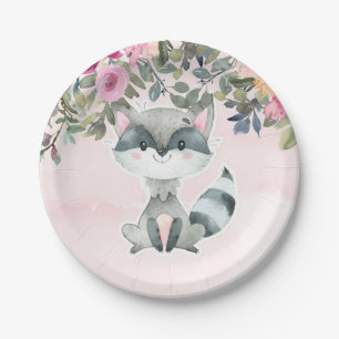 Cute Racoon Watercolor Peony Baby Shower Paper Plate