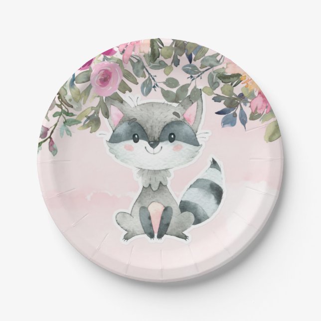 Cute Racoon Watercolor Peony Baby Shower Paper Plate (Front)