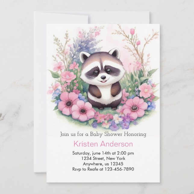 Cute Racoon Watercolor Pink Girl Baby Shower Invitation (Front)