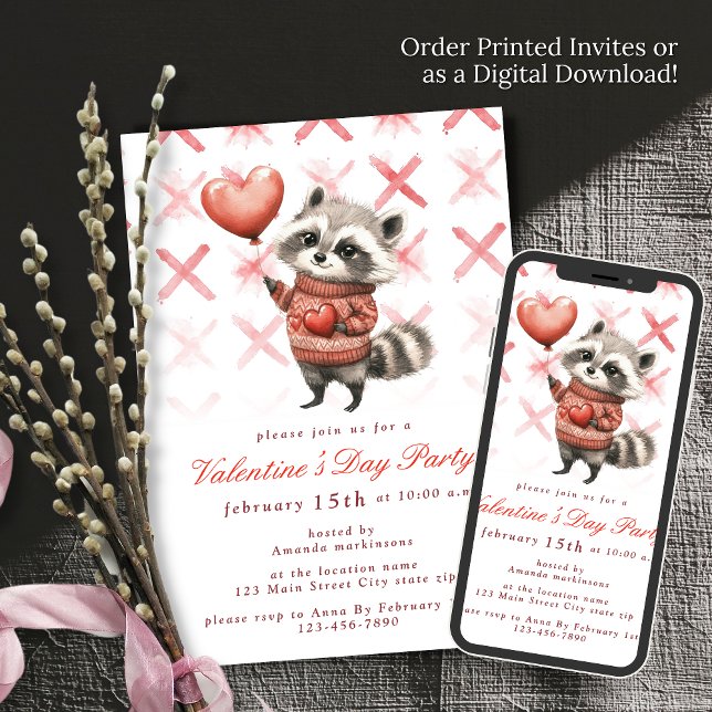 Cute Racoon Watercolor Red Valentine's Day Party  Invitation (Creator Uploaded)