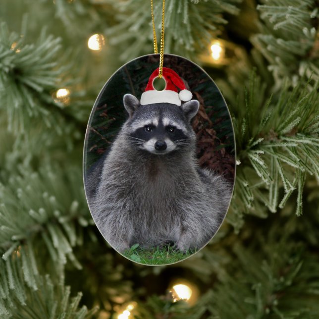 Cute Racoon Wearing Red Santa Hat Holiday Ceramic Tree Decoration (Tree)