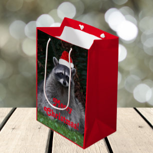 Cute Racoon Wearing Red Santa Hat Holiday Medium Gift Bag