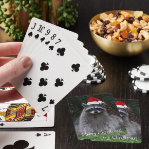 Cute Racoon Wearing Red Santa Hat Playing Cards