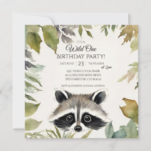 Cute Racoon Wild One 1st Birthday Party Invitation