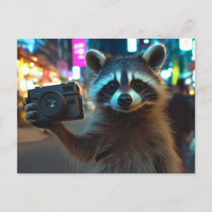 Cute Racoon With Camera in a Big City Postcard