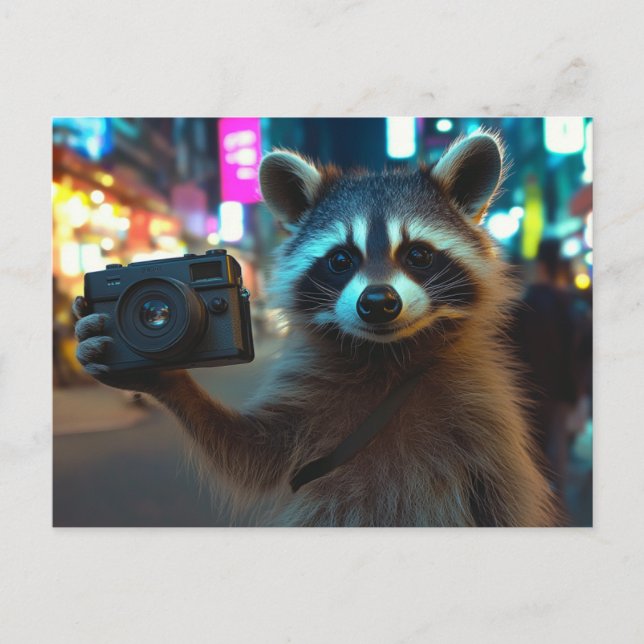 Cute Racoon With Camera in a Big City Postcard (Front)