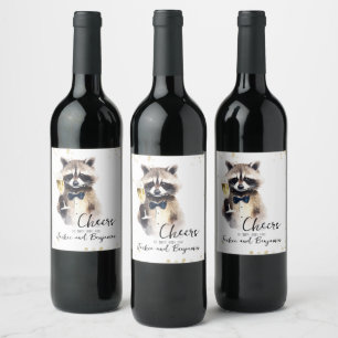 Cute Racoon with Champagne Wedding Anniversary Wine Label