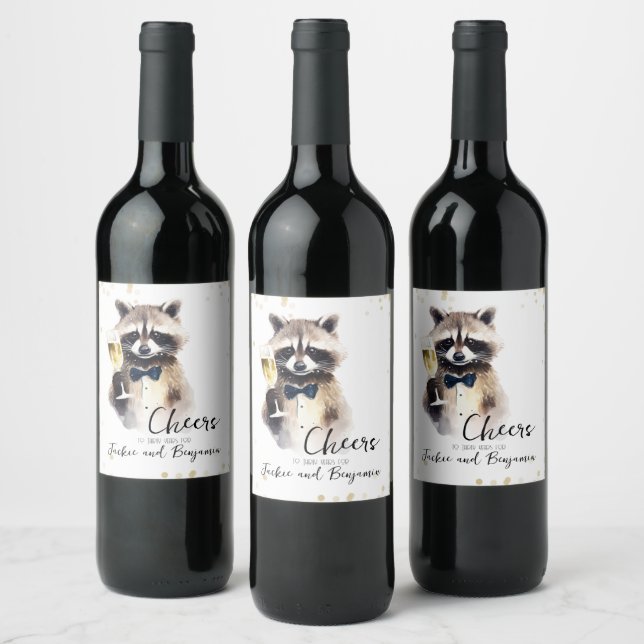 Cute Racoon with Champagne Wedding Anniversary Wine Label (Bottles)