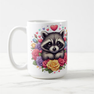 Cute Racoon with Colourful Flowers and Hearts Coffee Mug