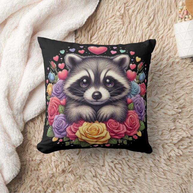 Cute Racoon with Colourful Flowers and Hearts Cushion (Blanket)