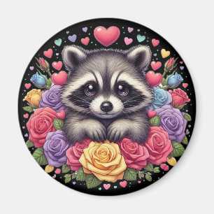 Cute Racoon with Colourful Flowers and Hearts Magnet