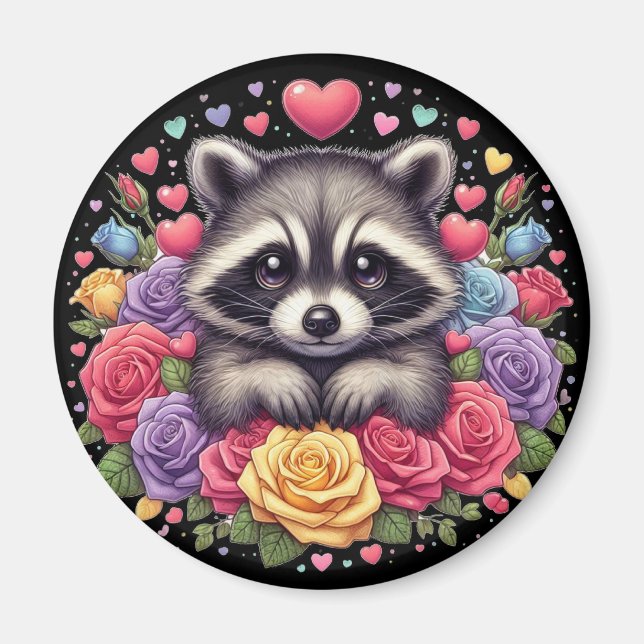 Cute Racoon with Colourful Flowers and Hearts Magnet (Front)