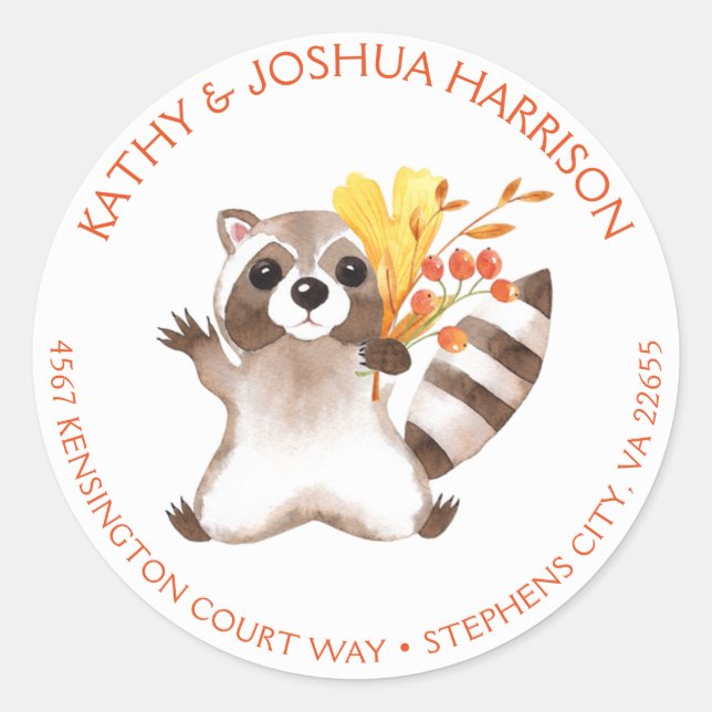 Cute Racoon with Fall Leaves Round Address | Classic Round Sticker (Front)