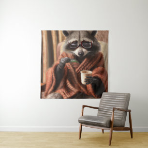 Cute racoon with glasses in a tricot coat  tapest tapestry