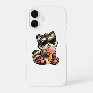Cute Racoon With Ice Cream And Sunglasses iPhone 16 Case