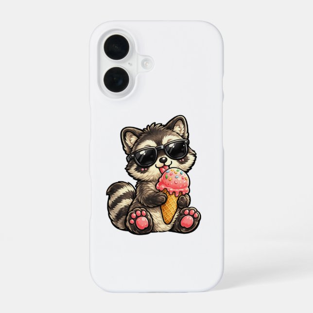 Cute Racoon With Ice Cream And Sunglasses iPhone 16 Case (Back)
