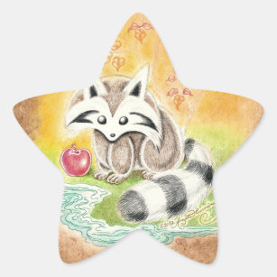 Cute racoon with red apple near pond star sticker