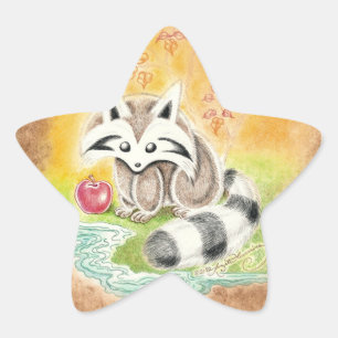 Cute racoon with red apple near pond star sticker