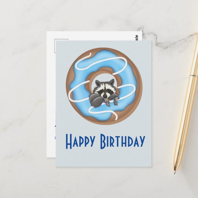 Cute Racoon with Sweet Doughnut Happy Birthday Blu Postcard (Front/Back In Situ)