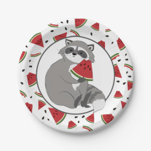 Cute Racoon with Watermelon Pieces Paper Plate