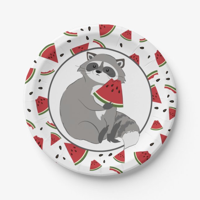 Cute Racoon with Watermelon Pieces  Paper Plate (Front)