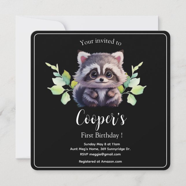 Cute racoon woodland animals forest friends  invitation (Front)