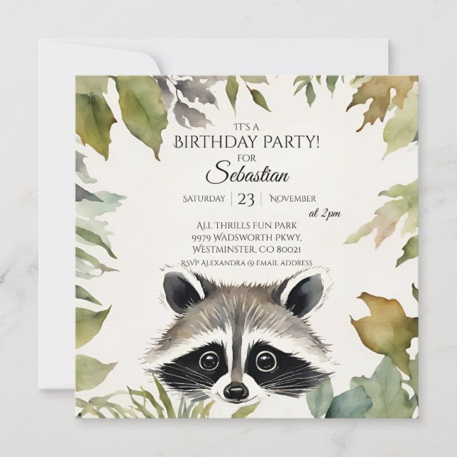 Cute Racoon Woodland Birthday Party Invitation (Front)