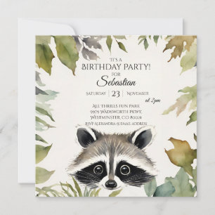 Cute Racoon Woodland Birthday Party Invitation