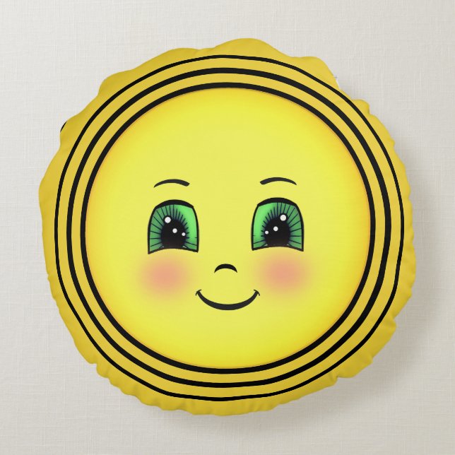 Cute Radiant Sun Happy Face Emoji Round Cushion (Back)