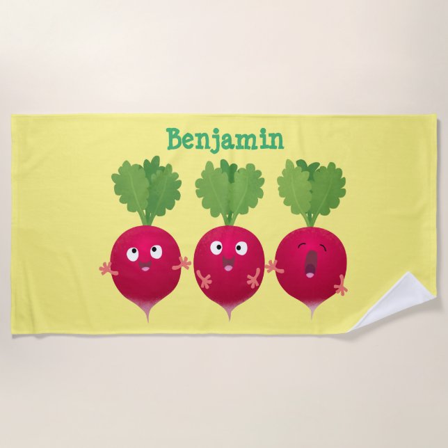 Cute radishes singing trio cartoon vegetables beach towel (Front)