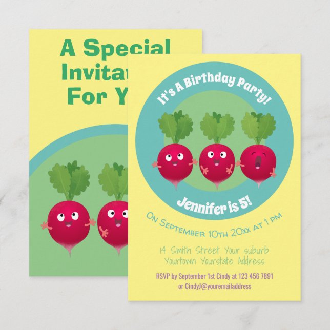 Cute radishes singing trio cartoon vegetables  inv invitation (Front/Back)