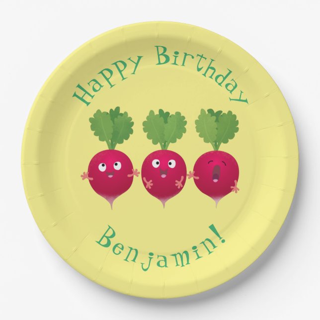 Cute radishes singing trio cartoon vegetables paper plate (Front)