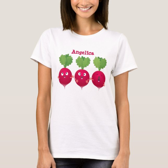 Cute radishes singing trio cartoon vegetables T-Shirt (Front)