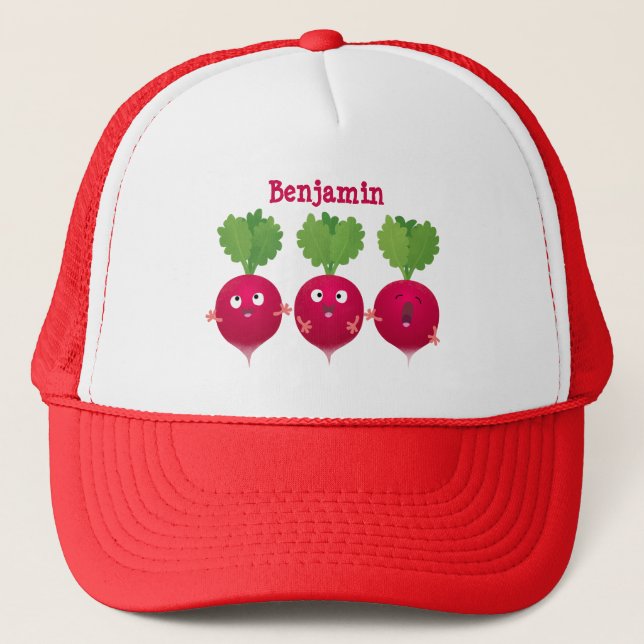 Cute radishes singing trio cartoon vegetables trucker hat (Front)