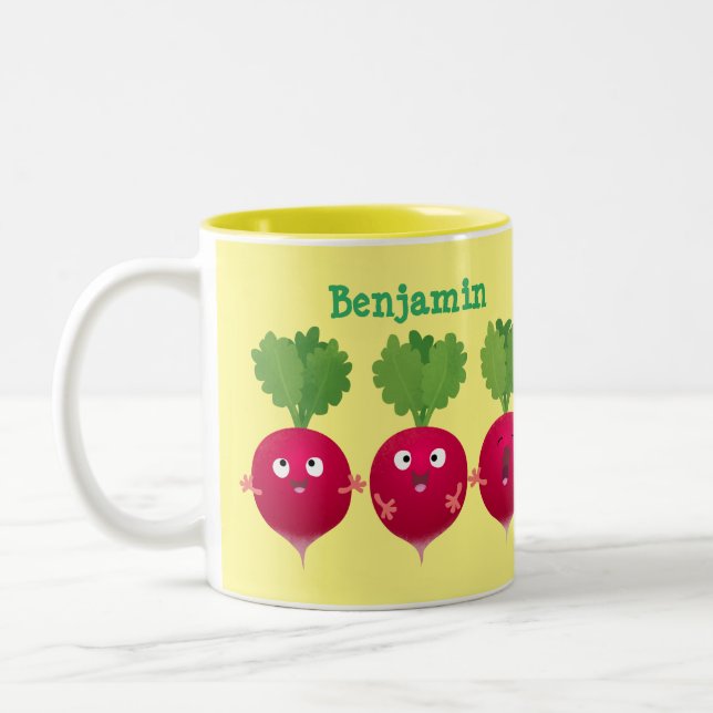 Cute radishes singing trio cartoon vegetables Two-Tone coffee mug (Left)